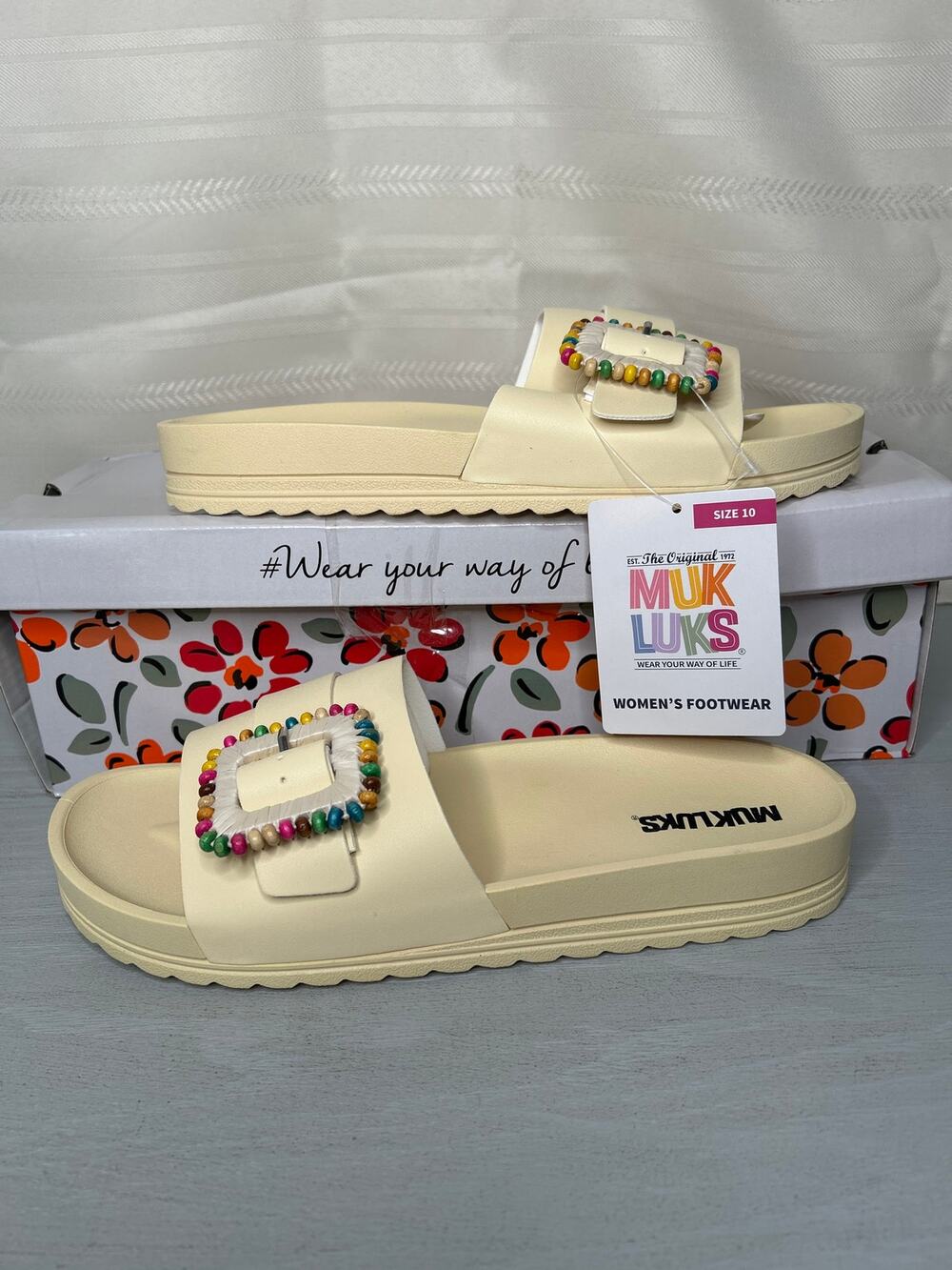 MUK LUKS Grand Colette Beaded Slide Sandal Vanilla Custard Womens Size 10